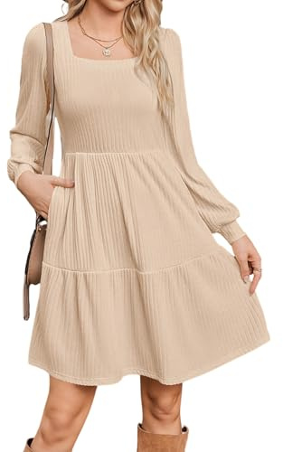 Zeagoo Vestido Mujer Manga Larga Otoño Vestido A Línea Mangas Abullonadas Elegante Vestido de Punto Vestidos Hasta La Rodilla con Bolsillos para Otoño Invierno S-XXL