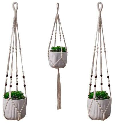 WUWENY Petutu 3er Set Makramee Blumenampel, Boho Deko Baumwollseil Hängeampel Blumentopf Hängend Pflanzen Halter Aufhänger für Innen Außen Decken Balkone Wanddekoration (Beige)