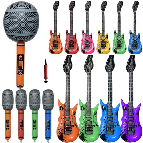 16-Piece Inflatable Guitars Microphones Set with a Small Pump, Jumbo Inflatable Instruments Photo Props, Birthday, Festival, Neon, Disco Party Decorations for Kids & Adults