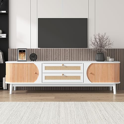 Merax Meuble TV en Bois Naturel avec Rattan – 170x46x39,5 cm – Design Rustique, Rangement Pratique, Style Campagne, Pieds en Bois Massif - Blanc