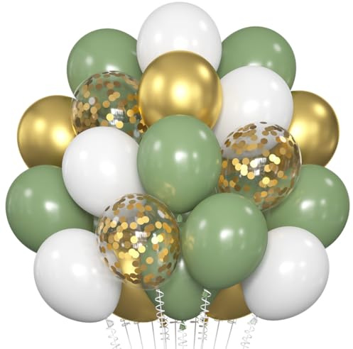 Luftballons Salbei Grün Gold Weiß, 60 Stück Olive Grün Latex Ballons, Retro Grün Luftballons, 12 Zoll Metallic Gold Konfetti Helium Ballon für Kinder Geburtstag Babyparty Hochzeit Graduierung Feier
