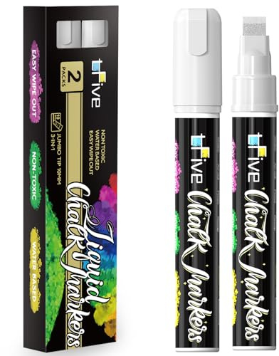 TFIVE White Liquid Chalk Markers - 2 Pack Jumbo Chalk Pens with 10mm 3 in 1 Nib Wide Tips, Dry & Wet Erase Marker Pens for Glass, Chalkboard, BlackBoard, Windows, Calendar, Pumpkin, Mirror