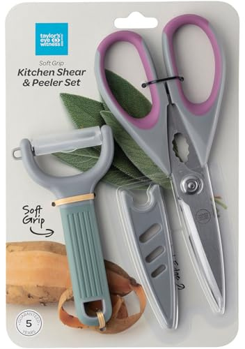 Taylors Eye Witness 2 Piece Scissor & Peeler Set – Soft Grip & Heavy Duty Kitchen Shears with Serrated Blades, Bottle Opener & Jar Opener. Includes Ergonomic Vegetable Peeler & Protective Blade Guard
