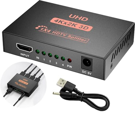 Vexorlian HDMI Splitter 1 in 4 Out, 4K for Multiple Displays, 4 Way Distribution for PC, Xbox, PS5, Projector