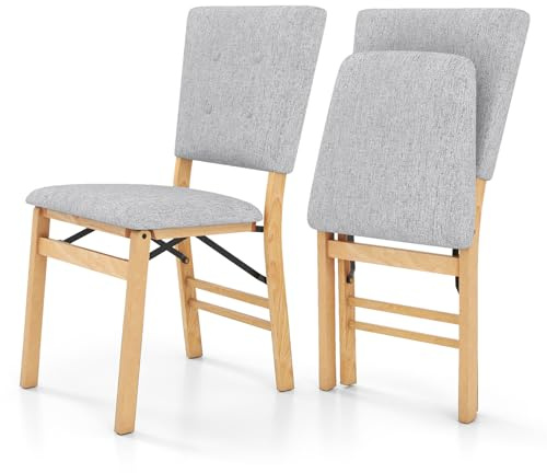 COSTWAY Klappstühle 2er Set, Esszimmerstühle mit gepolsterten Sitzen & Massivholzrahmen, Küchenstühle klappbar, armlose Polsterstühle bis 160 kg belastbar, für Esszimmer, Küche, Wohnzimmer (Grau)