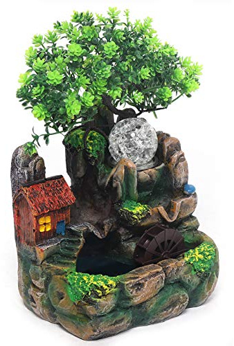 Zimmerbrunnen Wasserfall mit LED Beleuchtung, Deko Tischbrunnen Indoor Springbrunnen Innen mit Nebel, Tisch Grüne Pflanze Brunnen Wohnzimmer Deko für Schlafzimmer & Büro (27x20x16cm)