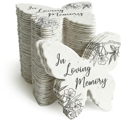 Seed Bloom Plantable Memorial Gift Tags with Wildflower Seeds – 48 Pack Black & White Butterfly-Shaped Writable Gift Wrap Tags for Funeral Favors, Sympathy Gifts & Celebration of Life Keepsakes