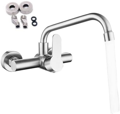 Grifo de cocina de montaje en pared, grifería de cocina, caño de pared giratorio 360°, grifo mezclador de acero inoxidable para fregadero, baño, mate