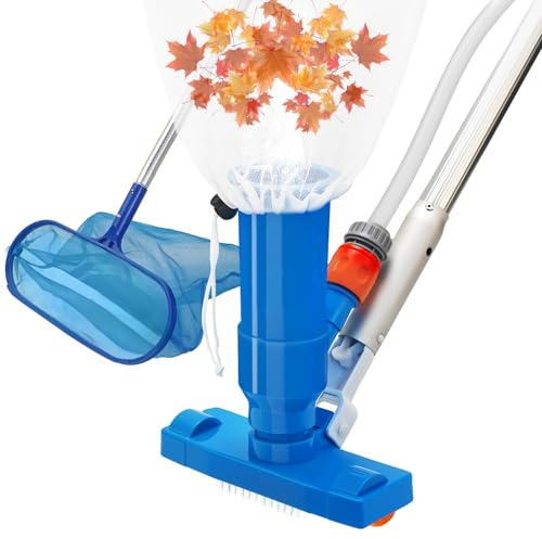 Pulitore a ventosa per piscina con rete skimmer di grande volume, set portatile per la cura della piscina con cinque tubi telescopici e rete per la pulizia, set di pulizia per piscina con lunghezza di