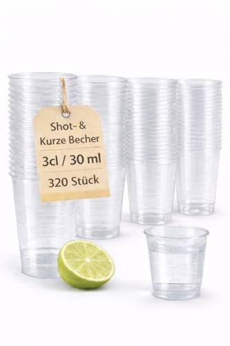 buxmed 320 Stück Shotbecher transparent 3 cl mit Skala – Schnapsgläser Plastik, Shotgläser, Pinnchen, Becher für Shots, BPA frei, stapelbar, Party Zubehör & Dosierbecher