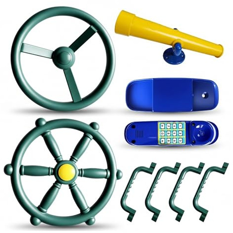 Relaxdays lektorntillbehör, 8-TLG. Set, 4 klätterställningar handtag, 2 ratthjul, kikare, telefon, trädgårdsleksaker, färgglada