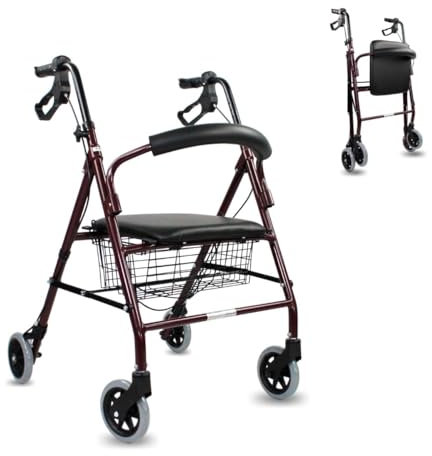 Mobiclinic®, Andador para ancianos, Modelo escorial, Marca española, Plegable, Frenos manuales y bloqueables, Aluminio, Con cesta, Ligero resistente, Asiento 4 ruedas, Color burdeos