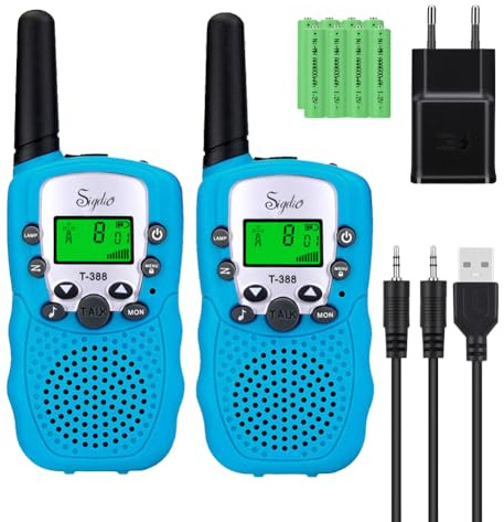 Sigdio Walkie Talkies Niños PMR446 con 8 Piezas Baterías Recargable y Cargador 8 Canales Función VOX LCD Pantalla 10 Tonos Linterna Incorporado Walky Talky (Azul)
