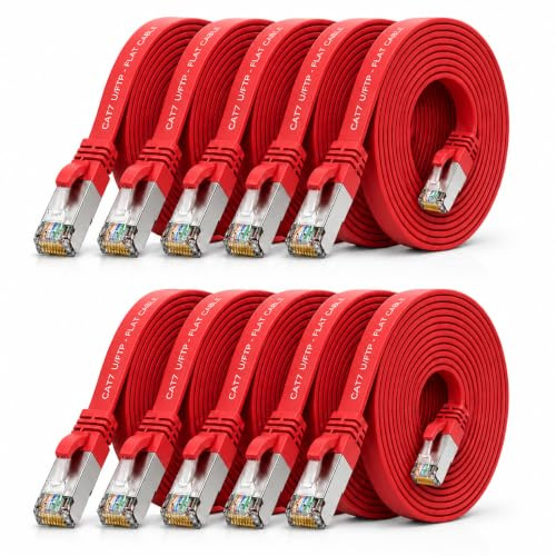 10x CAT7 Lan-Kabel flach 3m U/FTP 10 Gbit/s RJ45 Stecker Cat6a Rot | Flaches U/FTP-Patchkabel bis 10 Gbit/s, kompatibel mit Cat6a/Cat6/Cat5e/Cat5, für Router, Modem, Switch, PC, TV und NAS