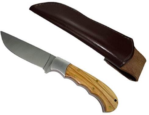 Maximtac Jagdmesser, Olivenholz-Griff, mit Lederholster, Full Tang Klinge aus Edelstahl, mit Scheide aus Rind-Leder