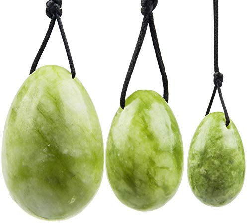 Green Jade Yoni Eggs, June&Ann Set of 3 Drilled Natural Chakra Healing Yoga Exercise Eggs with String Massage Stones Ben Wa Ball for Women to Train Pelvic Muscles Kegel Exercise