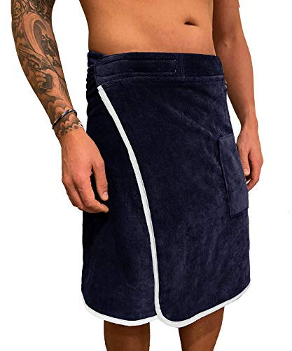HOMELEVEL Sauna Kilt für Herren mit Sicherheitsklettverschluss und Tasche aus 100% Baumwolle Saunakilt Sarong, Herren Dunkelblau/Weiß, S-XXL