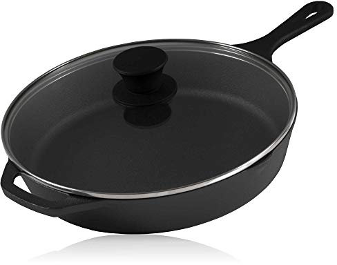 BBQ-TORO griglia in ghisa con Coperchio in Vetro | Padella in ghisa, Padella per friggere alla griglia, Padella per friggere con Coperchio, Padella per Bistecca (Ø 26 cm)