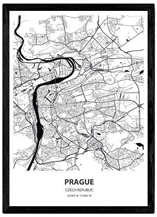 Nacnic Poster mit der Karte von Prag - Tschechische Republik. Blätter Städte in Europa mit Meeren und Flüssen in schwarzer Farbe. A4-Format
