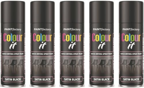 HitlineUK 5 x SATIN BLACK PAINT AEROSOL COLOUR IT SPRAY CAN QUICK DRYING DIY PLASTIC METAL WOOD 250ML