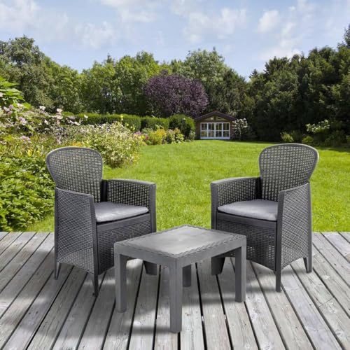 Dmora - Ensemble de salon d'extérieur Foggia, Composition de jardin avec 2 fauteuils et 1 table basse, Salon effet rotin avec coussins, 100% Made in Italy, Anthracite