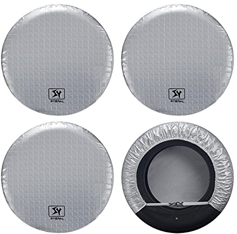 SYERAL Juego de 4 fundas para neumáticos de caravana, impermeables, anti-UV, para nieve, sol, lluvia, para remolque, caravana, camión, SUV, película de aluminio plateado de 27-29 pulgadas (M)