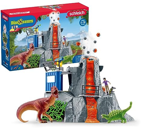 SCHLEICH DINOSAURS 42564 - Set di giocattoli a forma di dinosauro, con vulcano con luce LED e funzione di scoppio, figura ricercatrice e 2 figure di dinosauro, età consigliata: 5-12 anni