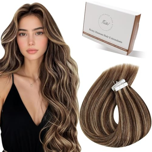 Hetto Extensiones Adhesiva Pelo Natural Largo Extensiones Adhesivas de Cabello Humano Remy Marrón Medio Destacados Rubio Miel 55CM 50G Extensiones Pelo Cinta Adhesivas Liso y Recta #P4/27