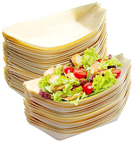 Bol Jetable, 100 Pièce Bol en Bois Dégradable, Coupelle Bois Forme de Bateau 17 x 8 cm Idéal pour Amuse Gueules Saucisses Frites Sushis Beignets Plats Chauds et Froids