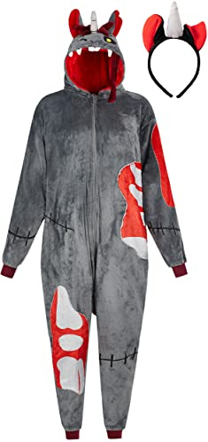 corimori Flauschiges Zombie Einhorn Kostüm für Erwachsene mit Haarreif | Halloween Kostüm Onesie für Damen, Herren | Körpergröße 160-170cm