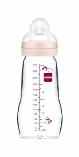 MAM Feel Good A163 Ultra Soft Glass Water Bottle with Patented SkinSoftTM Silicone Teat 2, for 0 Months and Above, 260 ml, Pink