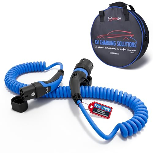 TEUTSCHTECH, EV Ladekabel Spiral I Blau I 10M I TYP2 auf TYP2 I 11kW I 3X16A I 3-phasig I Nutzbare Länge ca. 5,5M I Mit Lade- Temperaturüberwachung und Schutz vor Brand