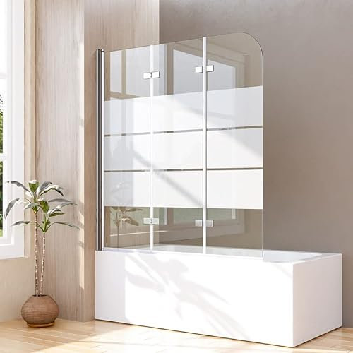 3-teilig Duschwand für Badewanne 120x140cm Faltbar Duschabtrennung Gestreift Glas Badewannenaufsatz, Duschtrennwand mit 6mm EGS Sicherheitsglas, Streifenmuster Badewannenfaltwand Trennwand
