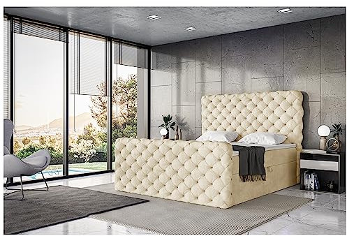 MEBLINI King Boxspringbett mit Bettkasten - Gepolstert Doppelbett mit Matratze und Topper - Polsterbett mit Stauraum - Bett mit Kopfteil - Stauraumbett - Duke - 180x200 - H3/Beige Samt