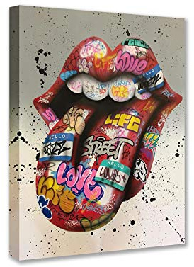 Banksy Street Art Graffiti-Zungenbilder, Lippen-Gemälde, lustiges Kunstwerk für Wohnzimmer, Geschenk, 1 Stück, Leinwand-Wandkunst, nordische Heimdekoration, gerahmt, fertig zum Aufhängen, Poster und