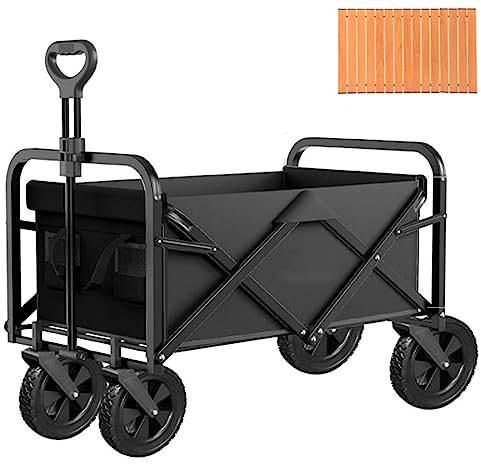 WRJAHCG Chariot D'extérieur Pliable,Chariot De Plage,Chariot De Jardin 4 Roues Poignée Réglable Charrette Chariot De Transport À roulettes Chariot De Camping avec Panneaux Pliants,Black+Table Board