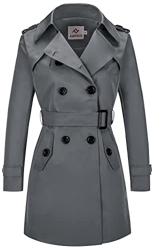 poonyfesh Trench impermeabile da donna a doppio petto classico con risvolto Petite Cappotto con cintura slim Capospalla, Grigio, M