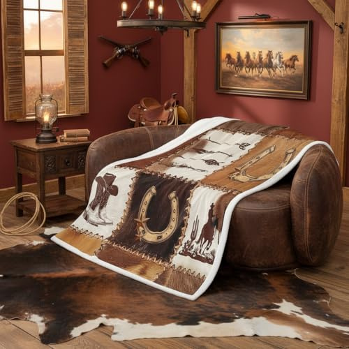 Erosebridal Western Cowboy Fleece Throw Blanket Throw 50X60 Rustic Horse Cowboy Gifts for Kids Boys Men Women,Farmhouse Cowhide Sherpa Blanket West Country Cow Print Fuzzy Blanket for Bed Brown