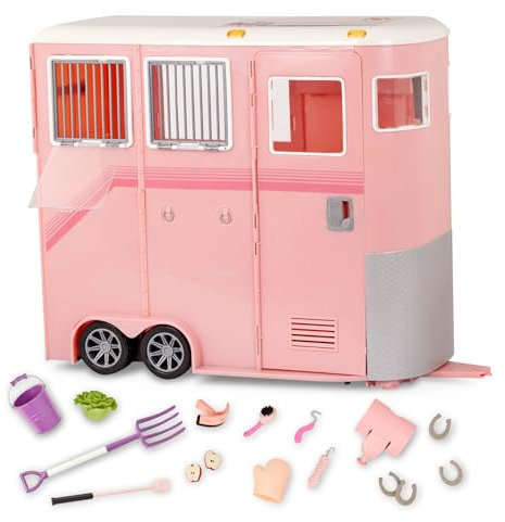 Our Generation - Mane to Travel Horse Trailer Set - Horse Toy & Grooming-Pieces - 18-Inch Doll Accessories - Pretend Play - Kids 3 Years + | 17-piece horse trailer with hitch, rolling wheels, opening doors, windows, vent, grooming pieces for 18-inch dolls, 5+ Years