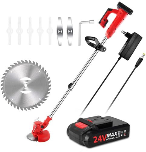 Garden Electric Strimmer & Edger,24V Grass Strimmers Cordless 4.0Ah Battery,Adjustable telescopic handle for Garden Brush Cutter Clearing Weeds(1pcs battery,red)