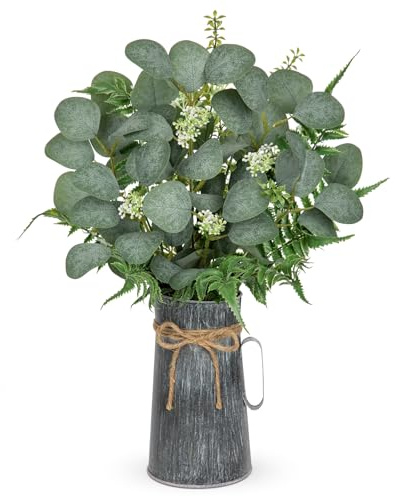 Hollyone Kunstpflanze Eukalyptus in Rustikalen Metall Vase, 45cm Zimmerpflanzen Künstliche Eukalyptus mit Samen Farn Dekopflanzen für Bauernhof Haus Hochzeit Tisch Centerpiece Deko