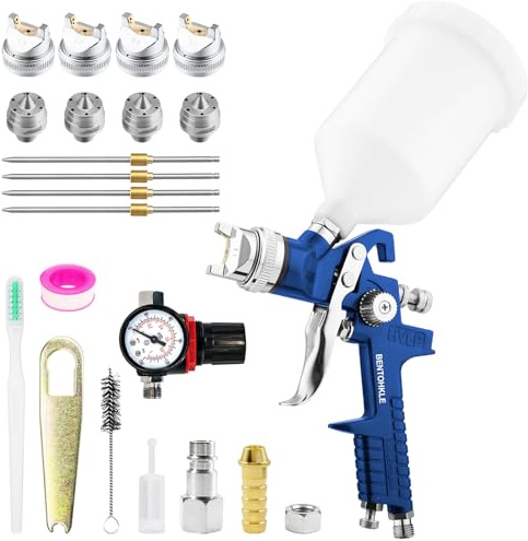 HVLP Lackierpistole Spritzpistole 4 Düsen 1,4mm 1,7mm 2,0mm 2,5mm H-827 Profi Farbsprühsystem Spraypistole Farbspritzpistole mit 600ml Plastikbecher und Druckmessgeräte