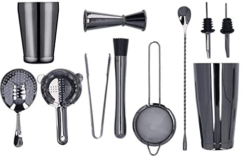 Juego de Coctelera de Acero Inoxidable, 11 Piezas Kit de Coctelera de Barman con Muddler Jigger Cuchara Mezcladora Coladores Taza Mezcladora de Coctelería con Revestimiento Negro