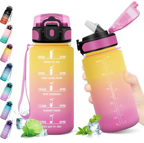 KollyKolla Gourde 500ml, Bouteille d'eau Gourde Paille, Étanche & Réutilisable, Sport avec Marqueur de Temps, Motivation pour Cyclisme, Bureau, Camping, l'école