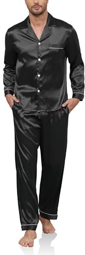 Reliwel Pijama Hombre Satén Pijama de Seda para Hombre Manga Larga con Botones y Pantalones Largos Ropa de Descanso Conjuntos de 2 Piezas Mangas Largas - Negro, XL