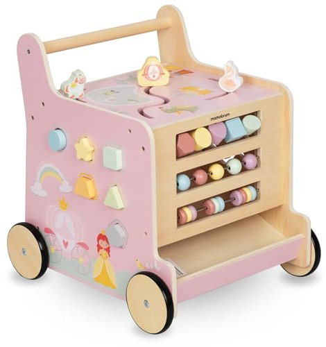 Mamabrum Primi Passi per Bambini 2in1 - Girello in Legno con Cubo Educativo Multifunzione - Centro Attività con Labirinto, Abaco, Selezionatore Forme e Ruote Antiscivolo