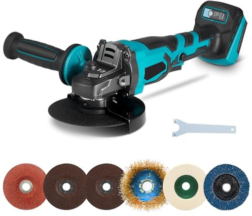 Amoladora Angular a Eléctrica Compatible con Makita 18V Batería, 10000 RPM, Multifuncional Amoladora Angular Sin Escobillas, 125mm con 6 Discos Abrasivos, para Esmerilado, Pulido, Corte