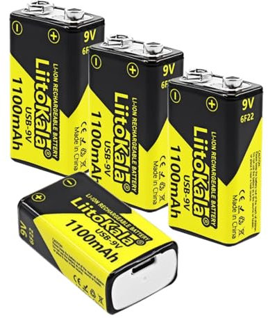 LiitoKala Batterie Ricaricabili 9V USB-C 1100mAh, Batteria al Litio Ricaricabili da 9V ad Alta Capacità con Indicatore LED per Allarme antifumo, Metal Detector, Walkie-talkie (4-Pezzi)