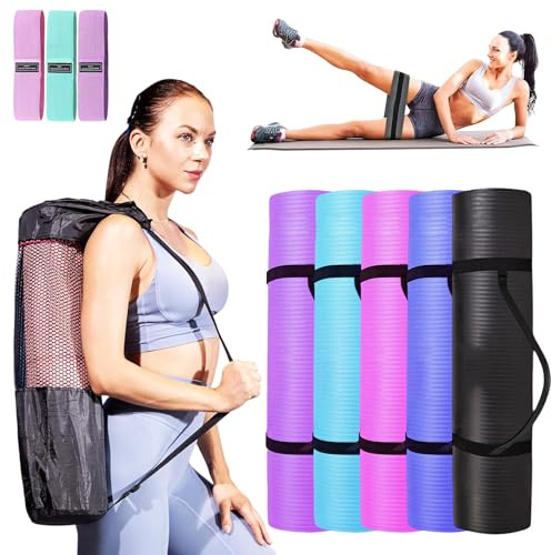 Kingdom Fitness Tapis de yoga extra épais NBR antidérapant rembourré Grand tapis de gymnastique Pilates pour homme et femme avec sac de transport, sangle et bande de résistance, bleu turquoise 15 mm