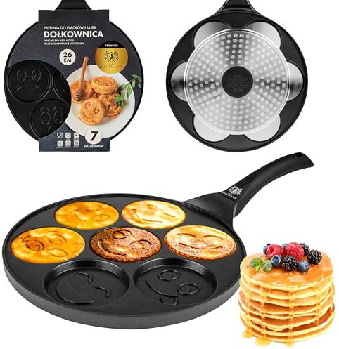 KARL HAUSMANN Padella Pancake Induzione - 26 cm - 7 x Stampo Maker - Antiaderente Pentola Pancakes - Bambini con Motivo Smiley - Padella per Uova Occhio di Bue - Padelle in Alluminio - Pentole Pancake